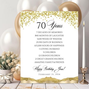 File digitale personalizzato per la festa del 70° compleanno in oro, stampa per il 70° compleanno, stampa personalizzata con informazioni sul tempo, FILE DIGITALE