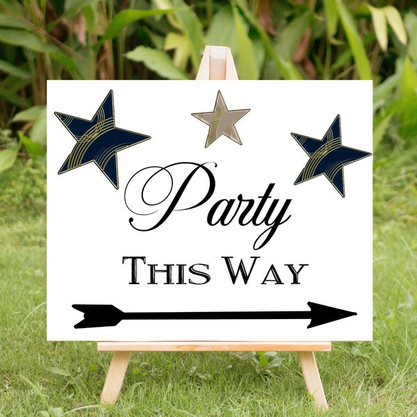 Party Directional Arrow Signs, Gold and Black Stars Design, Party This Way Poster, INSTANT DOWNLOAD