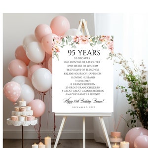 Stampa personalizzata per la festa del 95° compleanno con accenti floreali, decorazione per la festa del 95° compleanno, decorazioni da tavolo, poster, file digitale