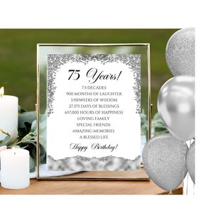 75th Birthday Time Facts Silver Glitter Accent  Birthday Party Printable , 75th Party Decoration, 75 Years Table Decor, INSTANT DOWNLOAD