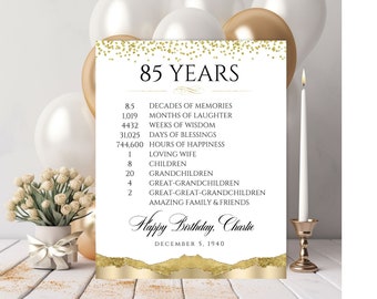 Personalized 85th Time Facts Birthday Printable, How many Years, Months Print, Custom 85th Party Decoration, Posters, Digital File