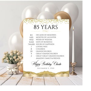 Personalized 85th Time Facts Birthday Printable, How many Years, Months Print, Custom 85th Party Decoration, Posters, Digital File