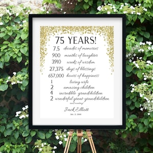 PERSONALIZED 75th Gold Accent  Birthday Party Print, 75th Party Decoration, Table Decor, Posters, Digital File