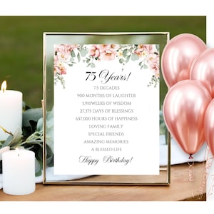 75th Birthday Time Facts Party Printable, 75th Party Decoration, Table Decor, 75 years, Pink Floral, Posters, INSTANT DOWNLOAD