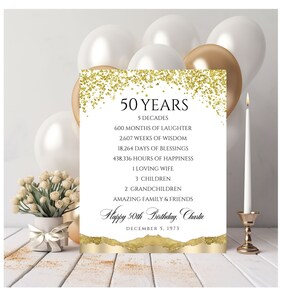 50th Birthday Time Facts Printable, Personalized Gold Glitter 50th Birthday Print File, Man or Woman, Custom Birthday Printable, DIGITAL