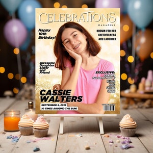 Póster con foto de estilo revista personalizado para cumpleaños, imprimible, póster de revista de cumpleaños para niños, impresión para fiestas de cualquier edad, ARCHIVO DIGITAL