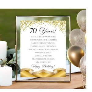 Impresión de fiesta con datos sobre el 70.º cumpleaños, decoración para fiestas, decoración de mesa, 70 años, dorado, pósteres, descarga instantánea