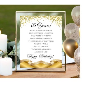 85th Birthday Time Facts Party Printable, 85 Year Gold Glitter Party Decoration, Table Decor,  Posters, Instant Download, NOT EDITABLE