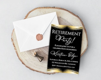 Retirement Party Invitation in Black and Gold, Personalized Retirement Invitation,  DIGITAL FILE Only