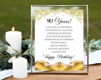 Imprimible para fiesta de 90 cumpleaños, póster de hito de 90 años, decoración de fiesta, pósteres de mesa, descarga instantánea, no editable