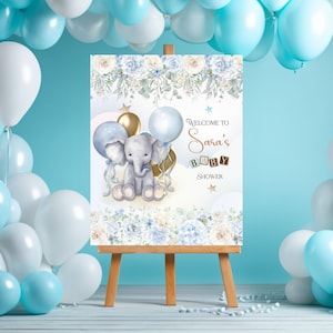 Elefant-Babyparty druckbares Willkommensschild, Blau, Gold und Grün, Baby-Elefant-Dusche-Plakat, Nur DIGITALE DATEI