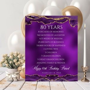Personalisierte 80. Geburtstag Zeit Fakten lila und Gold Party druckbare, 80er Party Dekoration, Tischdekoration, Poster, digitale Datei