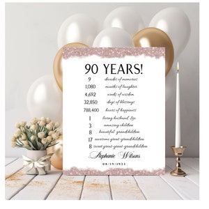 Personalisierte 90th Time Facts Geburtstag Printable, Rose Gold Akzent Party Print, 90th Party Dekoration, Tischdekoration, Poster, digitale Datei