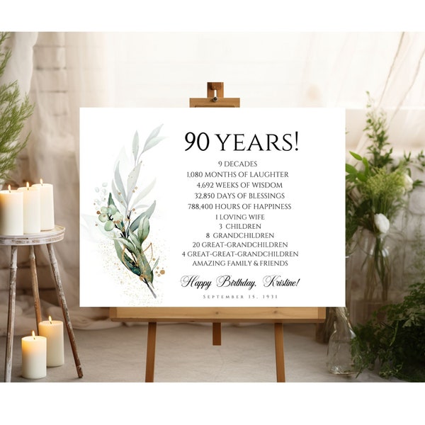 Fatti personalizzati sul tempo del 90° compleanno e membri della famiglia, Green Boho Floral, 90th Party stampabile, Poster, File digitale