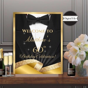 Panneau de bienvenue d'anniversaire, impression d'entrée anniversaire smoking/costume noir et or personnalisé, noeud papillon noir ou rouge, fichier numérique uniquement