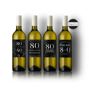 80th Birthday Wine Labels in Black and Silver, Wine Stickers, Printable Wine Labels, DIGITAL FILE, Instant Download