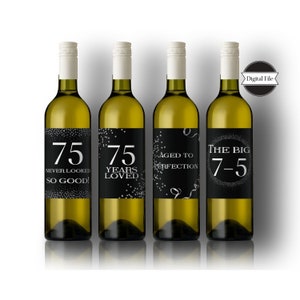 75th Birthday Wine Labels In Black and Silver, Birthday Wine Stickers, DIGITAL FILE, Instant Download