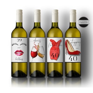 40th Birthday Wine Labels for Woman, Woman&#39;s 40th Birthday Party, Birthday Wine Stickers,Instant Download, DIGITAL FILE Only
