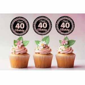 40th Birthday Rose Gold Pink Cupcake Topper/Tag Printable, Favor Tags, Birthday Decorations, Digital File Only