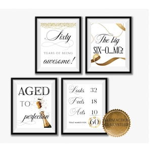 60th Birthday Party Prints, Decorations, Printables, Table Decor, 60 years, Gold, Posters, Instant Download