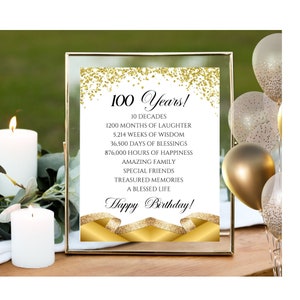 Datos sobre el cumpleaños número 100 para imprimir, decoración para la fiesta del cumpleaños número 100, decoración de mesa, 100 años, carteles, descarga instantánea
