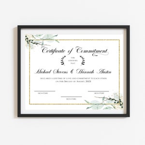 Zertifikat der Engagement, Greenery Accent, Partner Engagement Zertifikat, Gelübde Erneuerung Hochzeitsandenken, benutzerdefinierte Zertifikat, Digitale Datei