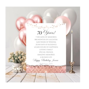 Impresión personalizada con fecha de 70 cumpleaños, fecha de nacimiento, impresión de cumpleaños con purpurina en oro rosa de 70 años, impresión de 70 cumpleaños, archivo DIGITAL