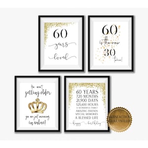 60th Birthday Party Prints, Decorations, Printables, 60 years, Gold, Posters, Instant Download