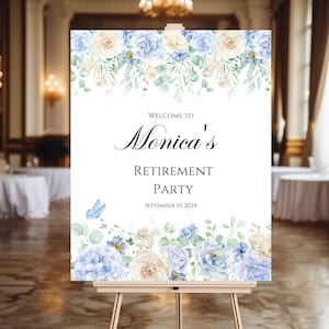 Cartello di benvenuto personalizzato per la festa di pensionamento con fiori blu, stampabile, decorazione per pensionamento, FILE DIGITALE
