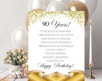 90th Birthday Time Facts Party Printable, 90 Years Old Milestone Poster, Party Decoration, Table  Posters, Instant Download, NOT EDITABLE