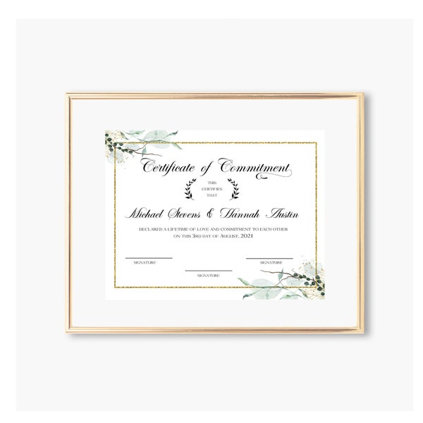 Certificate of Commitment, Greenery Accent, Partner Commitment Certificate, Vow Renewal Wedding Keepsake, Custom Certificate, Digital File