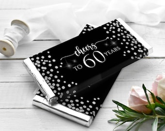 60th Birthday Chocolate Bar Birthday Label Printable, Chocolate Bar Favor Cover, Black and Silver Theme, DIGITAL FILE Only