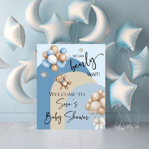 Teddy Bär-Baby-Dusche druckbare Willkommensschild, Blau und Braun, Gold, Luftballons und Teddybär, BearlyWait Poster, nur DIGITALDATEI