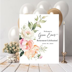 Impresión floral elegante personalizada para fiesta de jubilación, rosa rosa y blanca imprimible, archivo digital