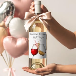 Pensioen wijnetiket, vaarwel spanning, Hallo pensioen wijnsticker, digitaal bestand, BEWERKBAAR