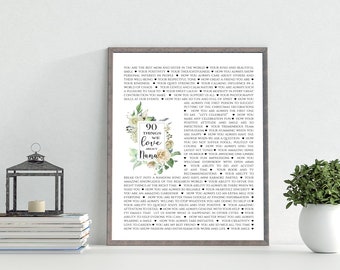 90 Things We Love About You Birthday Gift Print, Custom Gift Print, Personalized Birthday Print, Digital File