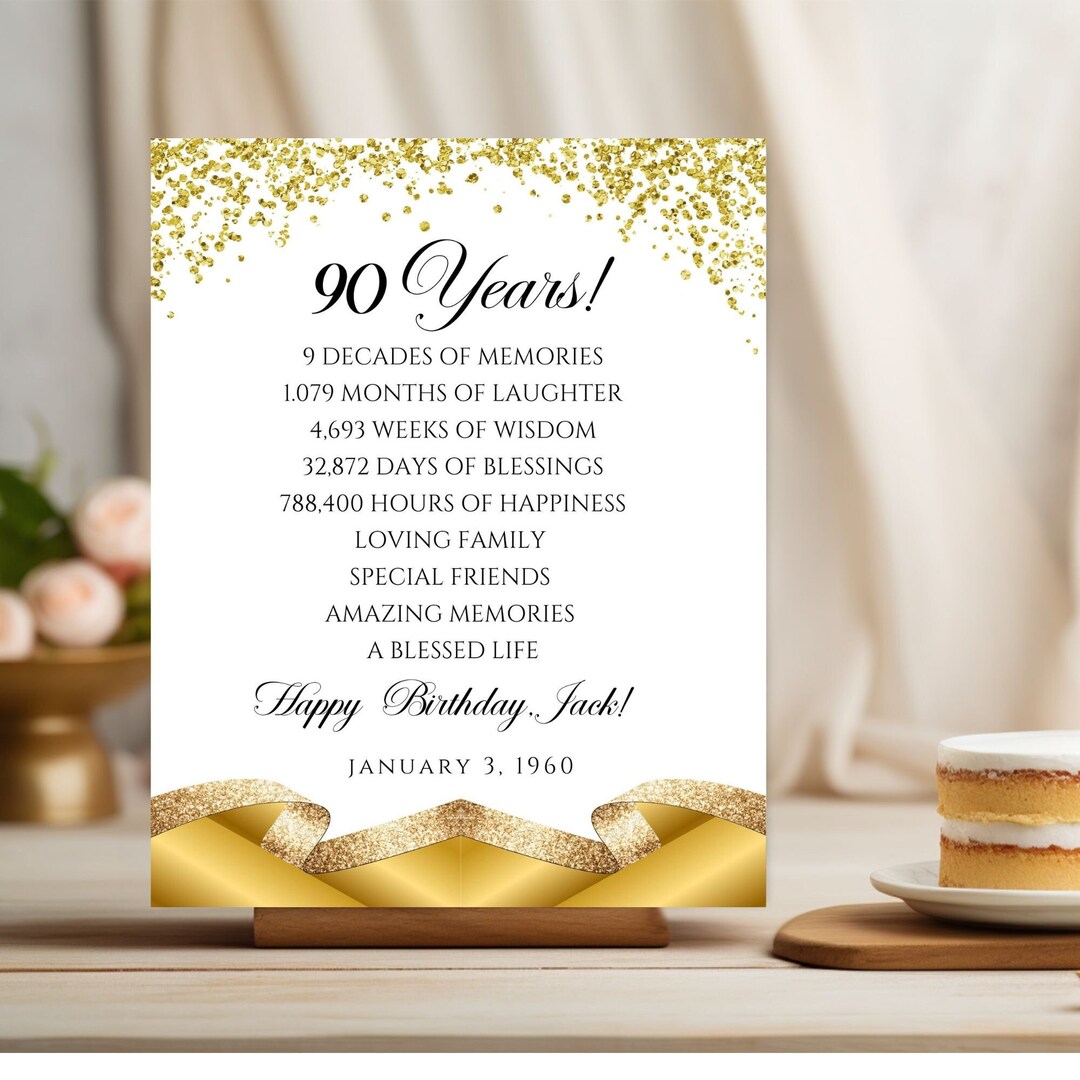 Personalized 90th Birthday Time Facts Party Print, Gold Glitter ...