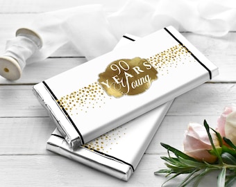 90th Birthday Chocolate Bar Covers, 90 Years Loved Chocolate Bar Labels, Gold and Black Theme, Digital Instant Download, NOT EDITABLE
