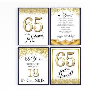 65th Birthday Party Printable Set of 4, 65th Funny and Sweet Quotes, Gold, Black and White Decorations, Instant Download