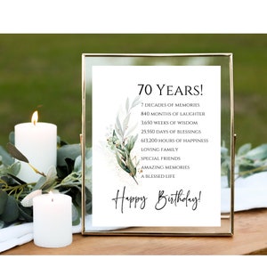 Fête d'anniversaire des faits sur le temps des 70 ans, imprimable, affiche de la fête des 70 ans, 70 ans, verdure classique, enseigne de fête, fichier numérique, téléchargement immédiat