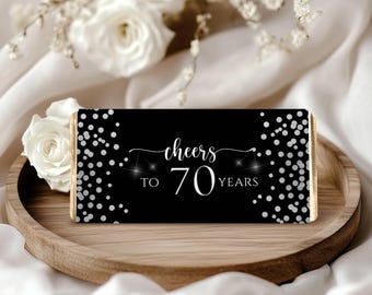 Etiqueta imprimible para barra de chocolate de cumpleaños número 70, cubierta para recuerdo de barra de chocolate, tema negro y plateado, SOLO ARCHIVO DIGITAL