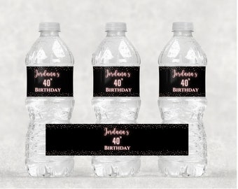 Personalized Water Bottle Labels, Black and Rose Gold Gitter Labels, Any Theme Water Bottle Labels, DIGITAL FILE Only