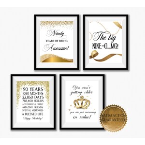 90th Birthday Party Print Set, 90th Gold and White Birthday Decorations, Set of 4 Party Signs, Man or Woman, Instant Download