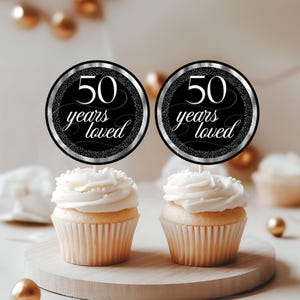 50 Birthday Cupcake Topper/Tag Printable, 50th Black and Silver Gift Tags, Birthday Decorations, Party Supplies, Instant Download