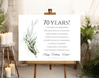 70th Birthday Personalized Greenery and Gold Accent Party Digital File, 70th Birthday Print, Custom Birthday Print, DIGITAL FILE