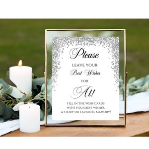 Personalisiertes Wish Card Sign oder Signature Print Please Sign Poster, Wegbeschreibung zum Gast zum Signieren druckbar, Silber Partyschild, DIGITALDATEI