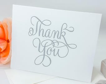 Letterpress Calligraphy Thank You Cards (White Cotton and Grey Ink): Pack of 5 Folded Cards with Envelopes