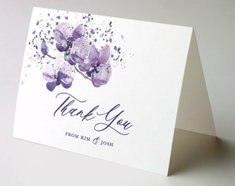 Personalized Purple Floral Folded Greeting Card, Printed Custom Stationery with Orchids Flowers, Violet Watercolor Wedding Thank You Cards