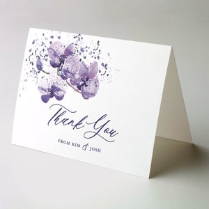 Personalized Purple Floral Folded Greeting Card, Printed Custom Stationery with Orchids Flowers, Violet Watercolor Wedding Thank You Cards