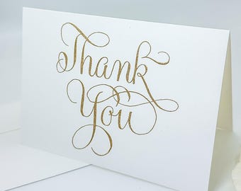 Gold Calligraphy Styled Thank You Cards (White Cardstock and Gold Metallic Ink): Pack of 5 Folded Cards with Envelopes